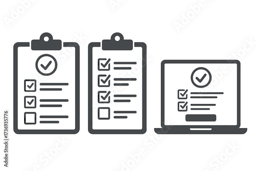 Clipboard checklist and online claim form vector icon set. Digital document, survey on laptop. Business task management, to-do list, quality control, and agreement symbol.