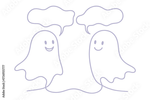 Two Friendly Cartoon Ghosts Talking Halloween Dialogue Line Art