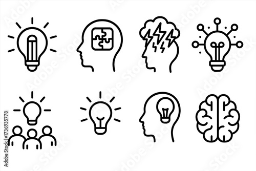 Creativity and innovation line icon set. Brainstorming, problem-solving, and finding solutions. Teamwork, inspiration, and creative thinking. Mind, brain, and technology icons.