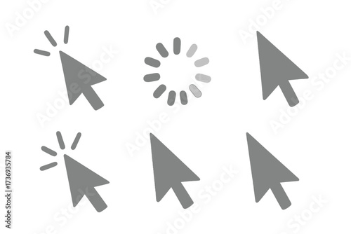 Computer mouse click cursor gray arrow icons set. Vector pack with loading icon, pointer symbol, wait sign for web design, app interface, and user experience (UX) elements.