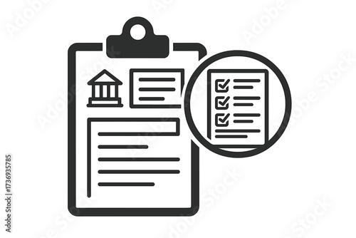 Clipboard with a financial claim form, checklist, and survey. Concept for banking, insurance application, or legal document review. Vector illustration for online services.