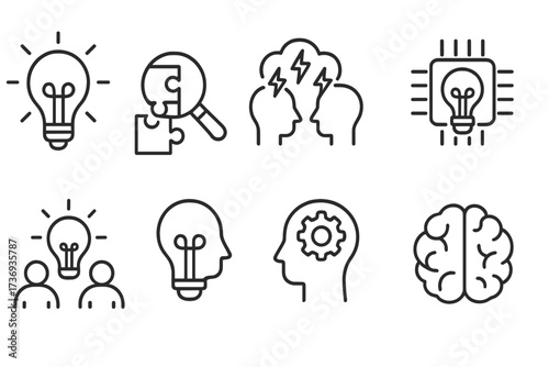 Creativity and innovation line icon set. Brainstorming, problem solving, and teamwork concepts. Creative thinking, new idea, mind process. Lightbulb, puzzle, brain, gears symbols.