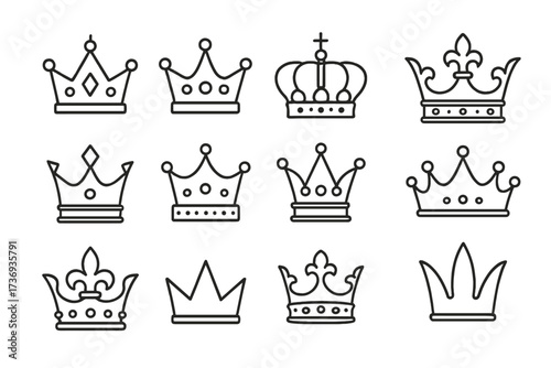 Crown icons set in thin line style. Royal crowns collection for king, queen, prince. Luxury, jewelry, and heraldic symbols. Vector logo graphic design elements isolated.