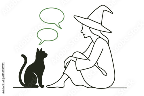 Witch Talking to Black Cat Magic Halloween Dialogue Line Art