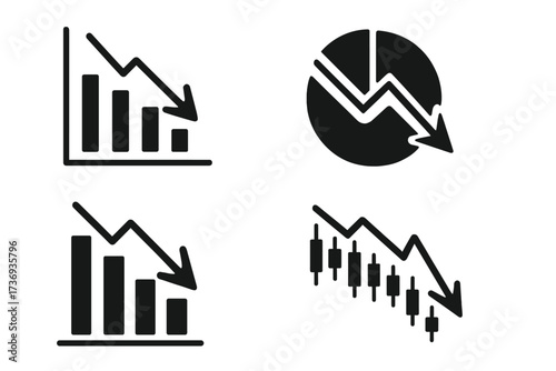 Financial crisis icon set. Business infographic templates with graphs and charts showing economic reduction, bankruptcy, and money loss. Down arrow on statistics and data.