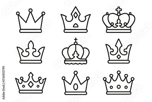 Royal crown line icon collection. Vector set of monarch symbols for king and queen. Heraldic signs of luxury, power, and authority. Simple isolated graphic elements for logo design.