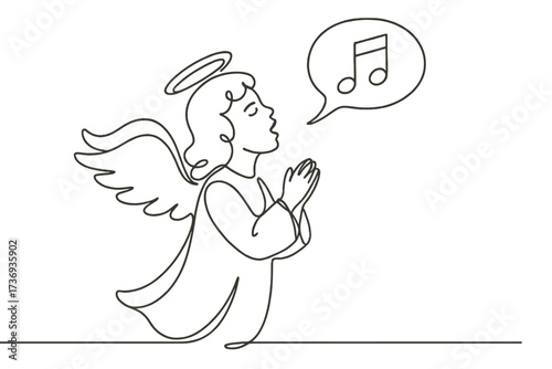 Singing Angel with Halo and Musical Notes Speech Bubble, Continuous One Line Drawing

