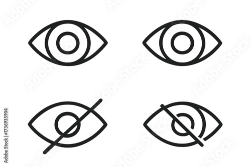 Eye icon set for web and mobile apps in a simple line art style. Concepts of view, visibility, and looking. Hidden and visible signs. Show and hide password symbol.