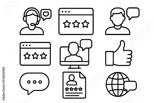 Customer review and feedback vector icon collection. Line art symbols for testimonial, user rating, website experience, client support, satisfaction survey and online opinion.