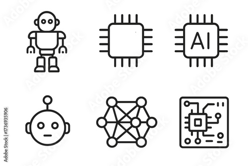 Artificial intelligence line icon set. Concepts of machine learning, robotics, neural network, and future technology. Vector icons of robot, bot, processor chip, AI, and circuits.