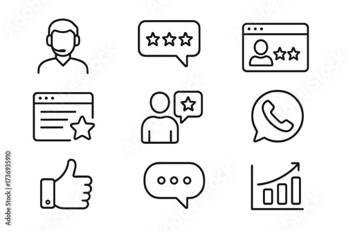 Feedback and testimonial web icon set. Line style customer support, rating stars, and website review symbols. User experience, like, comment, and data analysis vector graphics.