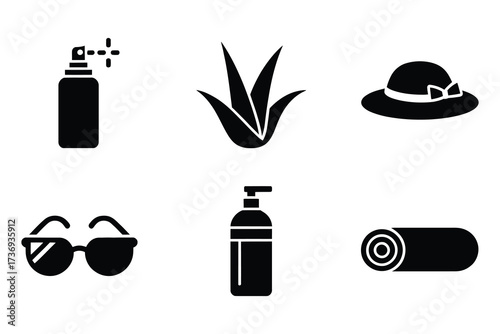 Summer Essentials Black Silhouettes with Sunscreen Aloe Vera Sunglasses and Beach Towel Iconography