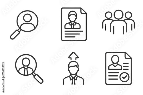 Headhunting and recruitment line icon set. Vector icons for job search, career growth, resume, and candidate selection. Human resources and hiring process symbols collection.