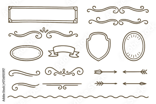 Hand drawn vintage design elements set. Collection of rustic doodle frames, borders, decorative dividers, swirls, banners, arrows and shields. Retro vector illustration pack.