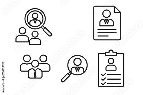 Headhunting and recruitment web icons in thin line style. Vector collection for resume, career, work group, candidate search, job hiring, and staff selection. Human resources.