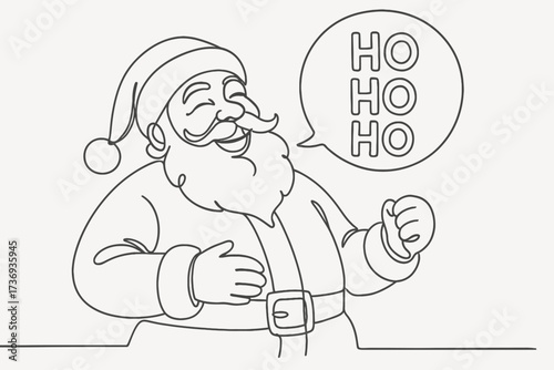 Laughing Santa Claus Saying HO HO HO in Speech Bubble, Continuous One Line Drawing

