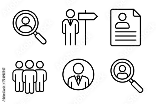 Headhunting and recruitment line icon set. Job hiring, career, resume, work group, and candidate search concepts. Human resources vector symbol collection for web design.