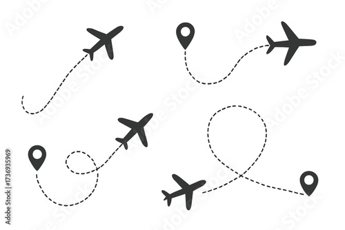 Airplane path line icon set. Plane flight route with start and end point. Travel, tourism journey concept. Aircraft track, airline trip, and destination marker. Vector.
