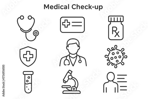 Medical check-up line icon set. Healthcare and medicine web icons. Doctor, patient record, Rx, lab test, virus, microscope. Vector graphic symbols for infographic design.