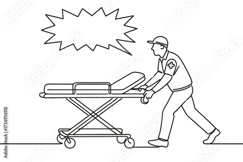 Paramedic or Emergency Medical Technician Pushing Stretcher with Starburst Bubble, Continuous Line Drawing

