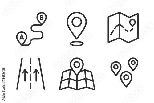 Navigation and map line icon set. GPS location pin, route from A to B, destination point, and pathfinding symbols. Vector collection for web UI, app, and infographic design.