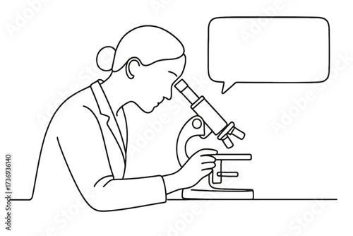 Female Scientist or Researcher Looking Through Microscope with Blank Dialogue Box, Continuous Line Drawing

