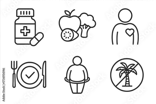 Nutrition and diet line icon set for web. Concepts for healthy food, weight loss, medical treatment, and palm oil free products. Vector health and lifestyle symbols.