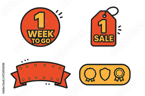 Countdown 1 week to go sale badge collection. Vector graphic elements for promotional landing page banner. Includes discount tag, award ribbon, and quality guarantee shield.