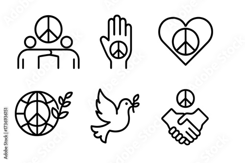 Peace icons set in thin line style. No war, freedom, and harmony concept. Dove with olive branch, handshake, globe, and heart symbols. Vector illustration collection for peace day.