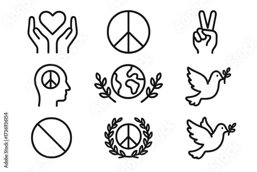 Peace icons line art set. Pacifism and anti-war symbol collection. Dove with olive branch, love heart, victory hand sign. World peace day. Global unity and harmony vector pack.