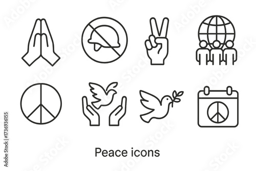 Peace and harmony line icon set. No war, freedom, and unity symbols. Vector collection with dove, olive branch, peace sign, praying hands, and globe for pacifist concepts.