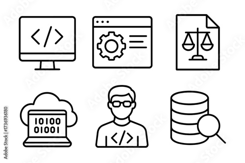Programming and coding web icons set. Line style vector illustration. Software development, legal IT compliance, cloud computing, programmer, data collection and search.
