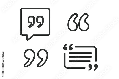 Quote marks vector icon set. Outline symbols for citation and testimonials. Speech bubble for comments, messages, and feedback. Typographic elements for design projects.