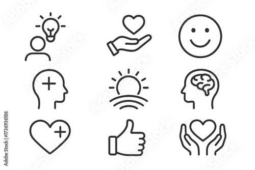 Positive thinking and mental health line icon set. Psychology, wellness, charity, love, optimism and happiness concepts. Brain, idea, smile, like and heart vector symbols.