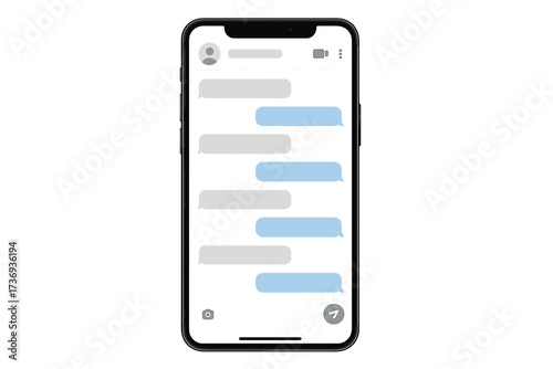Realistic mobile messaging app messenger mockup. Minimalist smartphone screen template. Social network UI UX design concept. Chat bubbles for text conversation. Vector illustration.