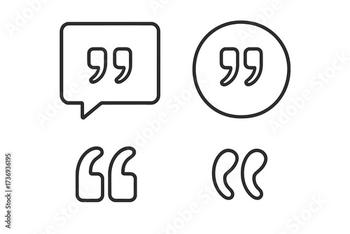 Quote mark icon set for citation and communication. Vector outline symbols for dialogue, testimonials, and comments. Quotation mark speech bubble and typography element collection.