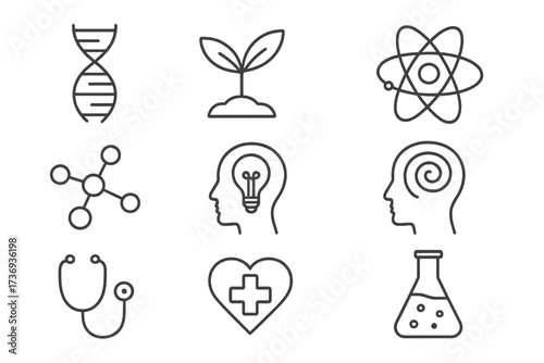 Science and medical research line icon set. Vector symbols for genetics, biology, chemistry, health, psychology, and innovation. Web icons for lab, dna, atom, and mind concepts.