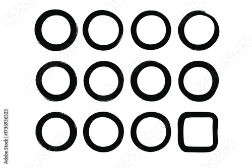 Set of black circle brush strokes. Vector grunge round shapes. Hand drawn ink frames for text. Distressed ring border elements for labels, logos. Abstract texture stamp.