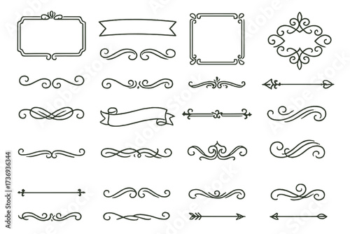 Elegant collection of vintage line design elements. Ornate calligraphic frames, borders, and text dividers. Hand-drawn swirls, flourishes, ribbon banners, and retro arrows.