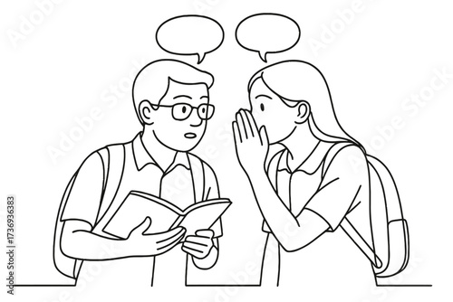Continuous Line Art of Students Gossiping and Whispering a Secret