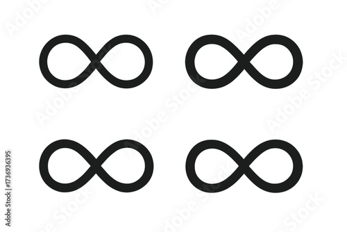 Set of infinity symbol icons. Simple black unlimited and endless logo sign. Vector graphic illustration of eternity and forever loop. Metaphor for endless love or friendship.