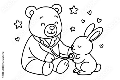 Teddy Bear Doctor Examining Rabbit with Stethoscope - Veterinary Care Line Art