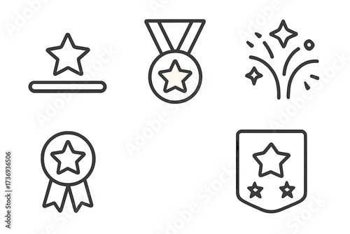 Star line icon collection for rating, award, and success concepts. Vector set includes medal, fireworks, and quality badge. For winner, achievement, and best choice symbols.