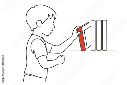 Boy Reaching for a Red Book on a Bookshelf - Reading, Literacy, and Library Line Art