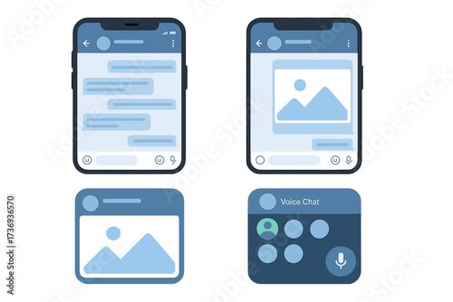 Telegram app interface mockup set. Smartphone screen with UI/UX for social media and network. Chat messages, photo frame, and voice chat templates. Vector illustration concept.