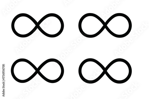 Set of infinity loop icons, black vector infinite symbols collection, continuous line shapes, seamless endless design, mathematical loops, abstract geometric concept, simple minimalist style