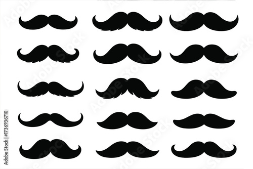 Black mustaches silhouettes set. Vector collection of man's facial hair styles. Hipster, retro, and classic gentleman moustaches for barbershop branding or design elements.
