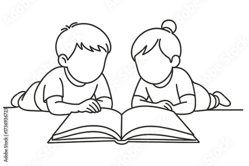 Black and White Line Art of Two Kids Lying Down Reading a Large Open Book Together
