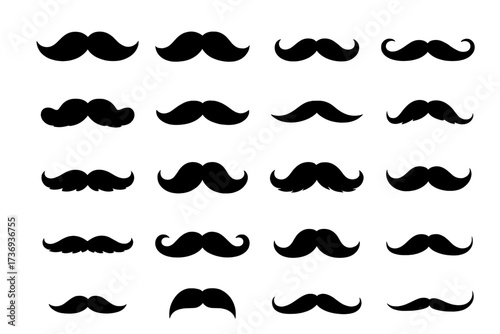 Set of black mustaches silhouettes. Vector illustration of men's moustaches. Hipster, gentleman, retro and classic style collection for barbershop design or photo booth.