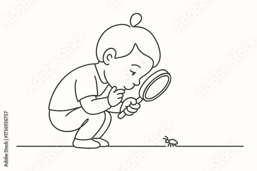 Black and White Outline of a Curious Child Squatting and Looking at an Ant with a Magnifying Glass
